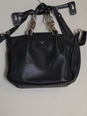 DA MILANO Black Pebbled Satchel Top Handle Zip Bag w/ Detachable Strap